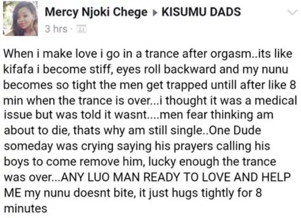 Kenyan lady reveals men get trapped inside her after sex (photo)